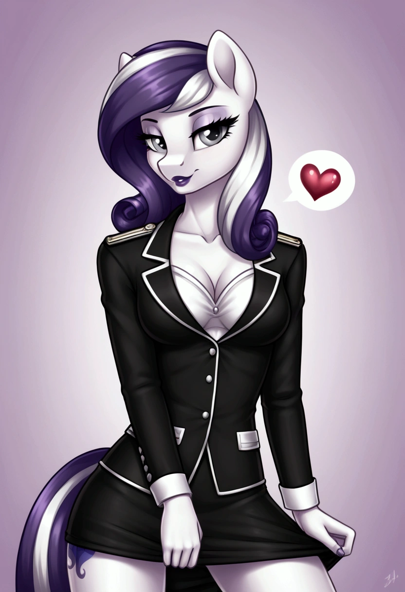 My little pony, (anthro), ((uniform)), ((two-tone hair with black on top and white underneath)), pale white body, gray eyes, medium breasts, purple lips, perfect lines, heart cutie mark, seductive pose