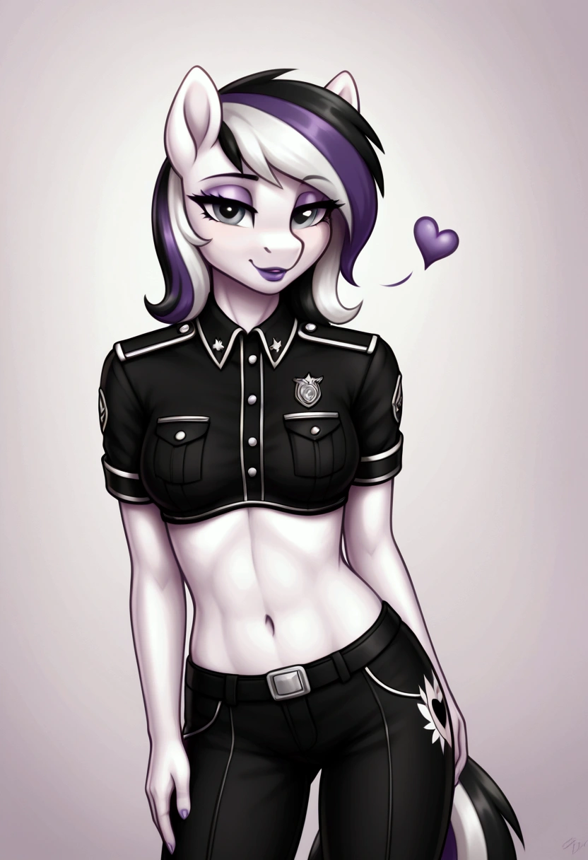 My little pony, (anthro), ((uniform)), ((two-tone hair with black on top and white underneath)), pale white body, gray eyes, medium breasts, purple lips, perfect lines, heart cutie mark, seductive pose