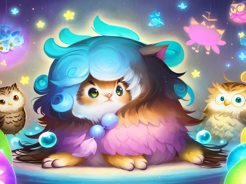 There is a cat and an owl sleeping together, cute detailed digital art, Adorable Digital Painting, Cute digital art, cute detailed artwork, cute artwork, ohwx, Dream Animal Cute Eyes, Cute illustration, dreamy illustration, Cute creatures, Cute Animals, Nice dream、Take a look., ohwx, Peaceful Animals, Dreamy art, Beeple and Jeremiah Ketner, kawaii