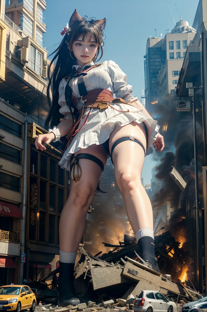 Fisheye Lens、Giant girl destroying the city、looking at the camera、steampunk、Standing on top of a ruined building、Big building explosion、The building collapses、Urban hustle and bustle、Traffic jam、City of Rubble、street tree、Car and bus、truck、taxi、City boulevard、Pedestrian bridge、Streetcar route((((Azur Lane Cheshire Cosplay))))、Frilled maid outfit、（(Super huge breasts)）、（(Plump thighs)）、Ground View，City of Giants,500 foot tall giant girl，skyscraper,Has super long legs,Step into the crowd，There are many people on the street,Knee-high socks，A happy look，Standing on the ruins，Beautiful appearance，Exquisite makeup，quality，8k，高quality，Perfect Proportions, Cinema Lighting，Film Grain，The Colors of Fuji，8k，Textured skin，Super Detail，High detail，high quality，High resolution，explode，False Smile、Reaching out