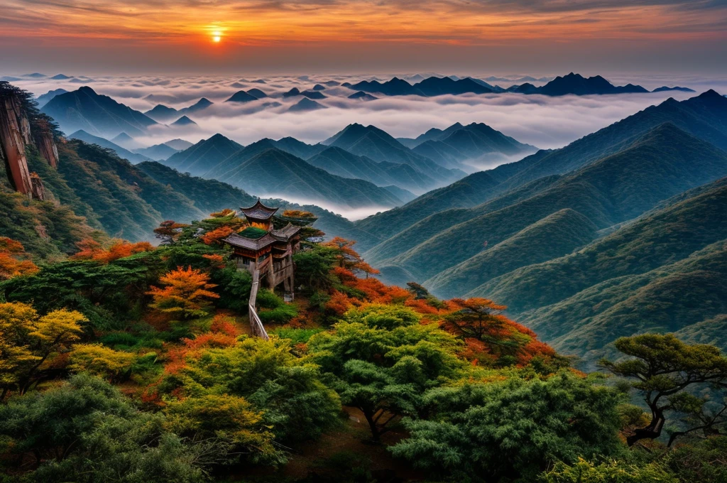 Huangshan Paiyun Pavilion，Sunset，Warm colors，Sea of Clouds，Ultra wide angle，ultra depth of field，Texture，National Geographic Award-winning work