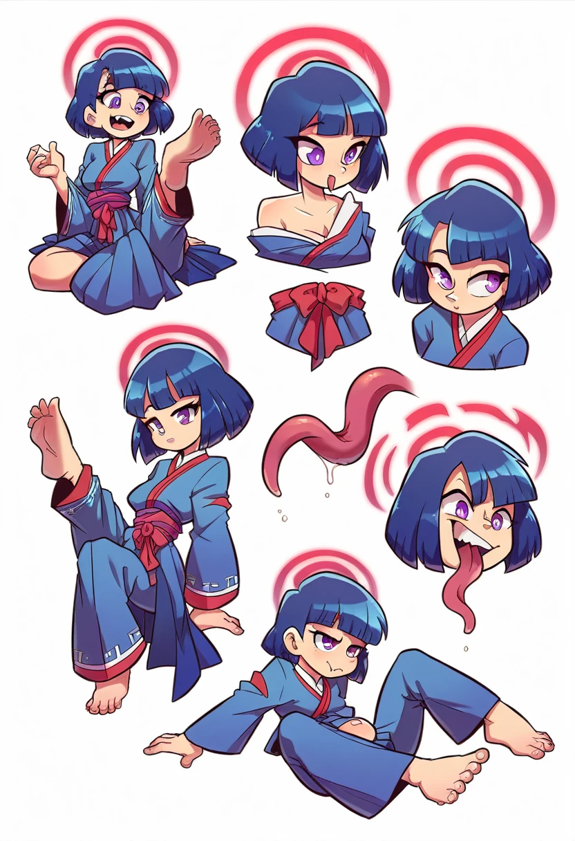 Girl, medium ruffled layered blue hair, purple eyes, open belly, Masterpiece, hiquality, Good detail, sticking out tongue, long tongue, hakama outfit with stomach exposed, half-body shot above waist, fire halo. Expression sheet, fullbody. Sitting down, legs up, feet, five toes.