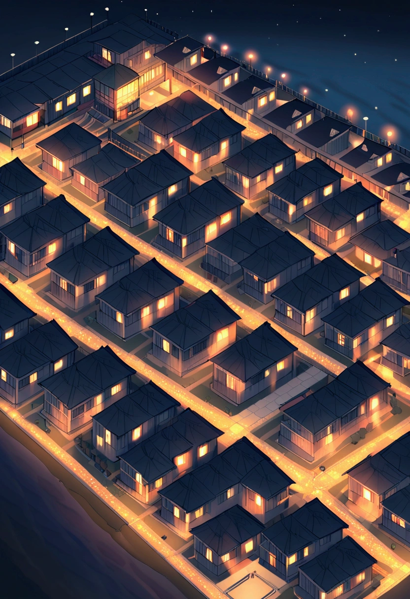 a cozy house, in the night, isometric view, sim city, houses complex, from bird view, wide shot