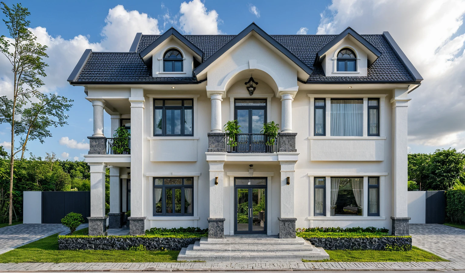 Masterpiece, high quality, best quality, authentic, super detail, outdoors, onestoreyvillaXL, aiaigroup, house style modern on the street ,stairs, white wall ,road,pavement, grass, trees, sky, cloud, (daylight:1.1)