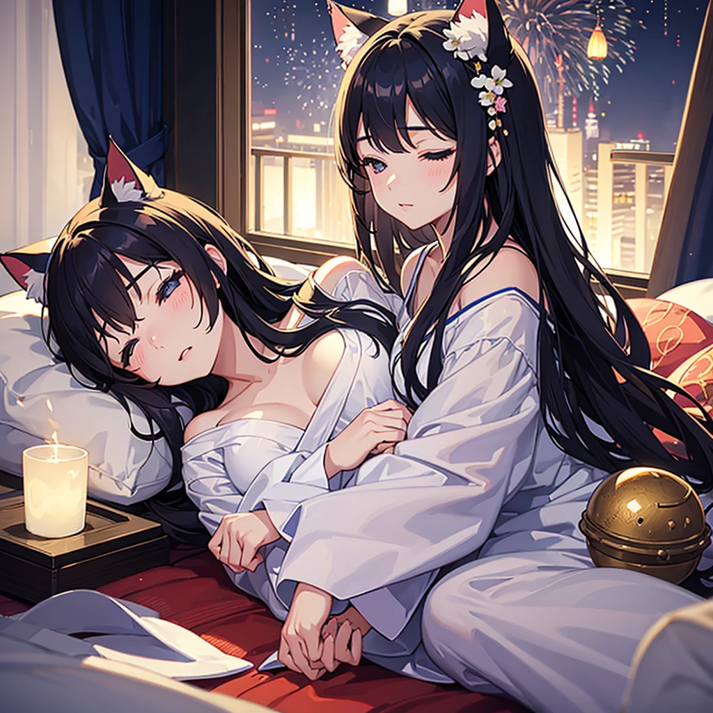 Close-up of face,Young Girl,Young,Lying with my whole body spread out on the soft bed,Laying my head on the pillow,Sleeping with the left side facing down,Sleeping with both eyes closed,So close you can hear me breathing,One person,Fireworks Night, Yukata, A huge fireworks falling from the sky, visible from both windows behind me,Cat ear girl, delicate design, Bright colors, detailed character design, Soft light and shadow, Cat's Tail, Cat print yukata, Fireworks in the night sky, Face illuminated by light, Characters stand out, The background is blurred, The focus is on the characters, Sharp details, Dim light at night,Dimly lit room