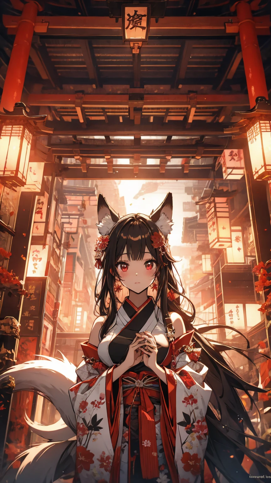 (Highest quality),(masterpiece), 8k,Very detailed, Detailed light, Best Shadow,Detailed reflective eyes, Beautiful Eyes, Very detailedな顔,Shiny Hair,sexy,Big Breasts,Charm,One person,Gloss,Black Hair,,Inner hair color red,Red eyes,Nine-Tailed Fox,Animal ears,,Miko costume,enchanting,Expressionless,Blushing,full moon,Enchanting,Beautiful fingers,Beautiful hands,Refers to 5 books,hair ornaments,Japanese sword,whole body,nsfw,shrine,front,