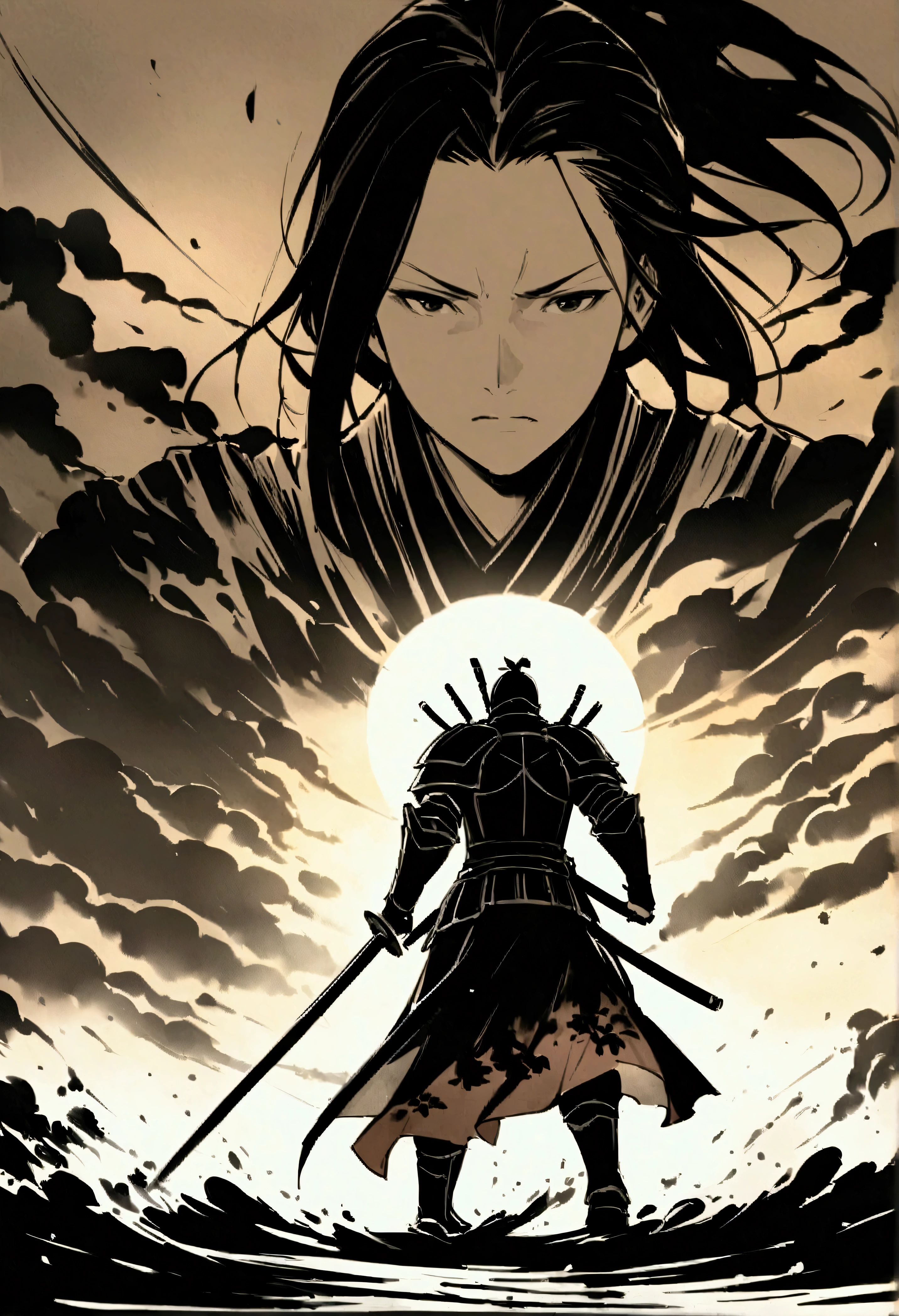 FATE Serieinamoto Yorimitsu、Ink painting、samurai、Draw your sword、刀⚔️🥷、armor、迫力あるInk painting、Bushido、Slashing、