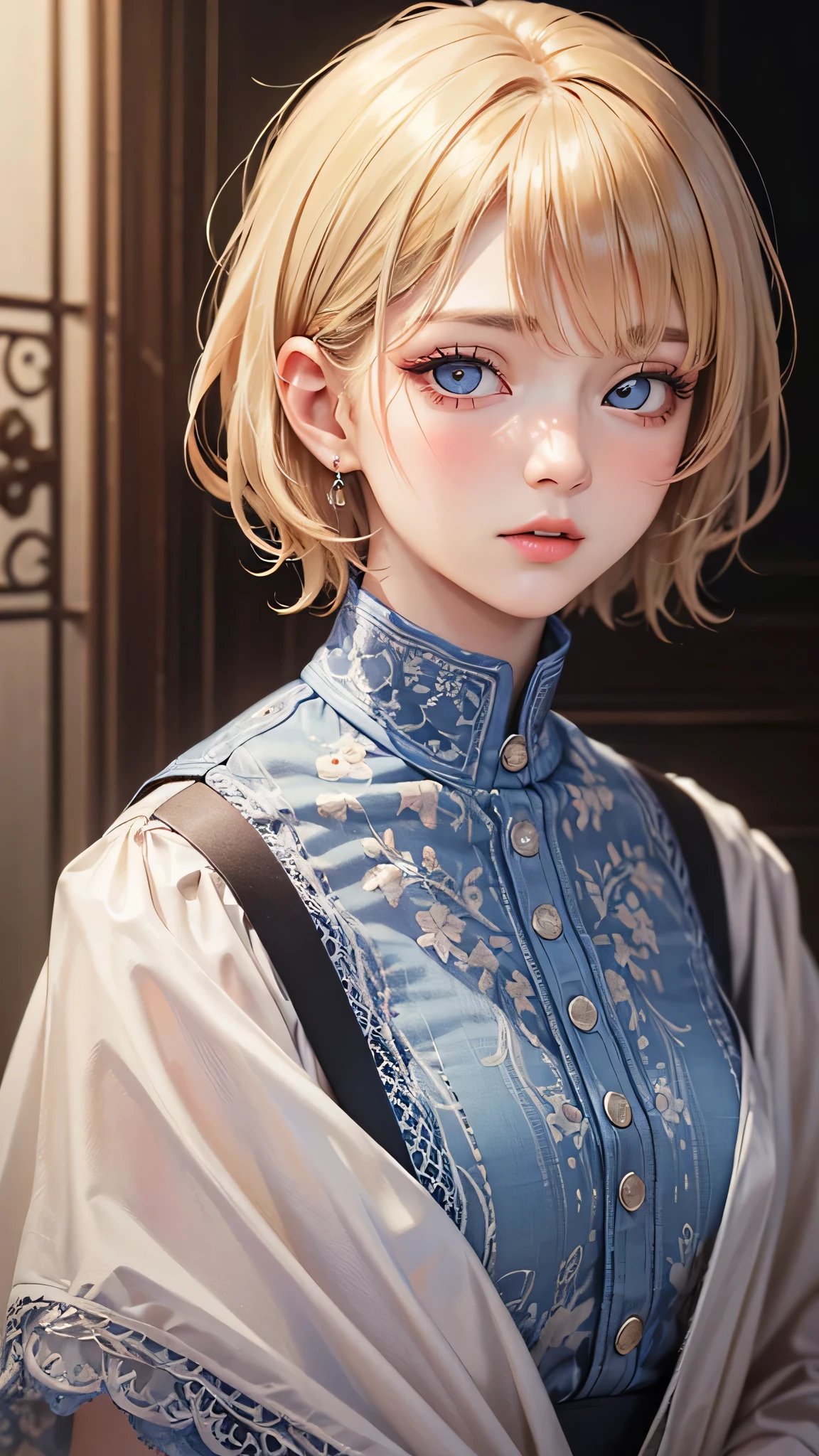 (masterpiece: 1.2, Highest quality), Realistic, (Realistic Picture, Intricate details, Depth of written boundary), Highest quality, masterpiece, Very detailed, Semi Realistic, 1 girl, Mature Woman, 21 years old, Blonde Short Hair, The left eye is covered with hair, blue eyes, King's Clothes, Red Cape, Slim figure, A crown made of precious gold, Document reading and markup, Office Table, Soft bench