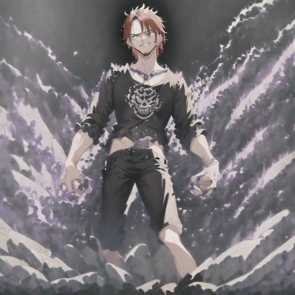 vector art, 1 male, shanks, one piece, 30 years old male, sitting in a stylish pose with his sword, street style, cool street wear vector art, single body, detailed eye and face, ink splash, take reference from actual anime shanks character design for three scars on left eye of the character and add too in the image. no background, plain background