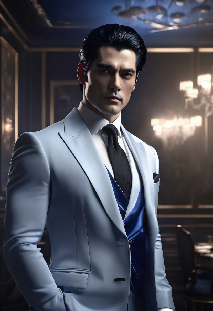 1 man, inside a party room, wearing an elegant evening suit in dark blue colors, detailed facial features, masculine black eyes, detailed white skin, neat medium-length black hair, image showing full body, dramatic lighting, strong man , handsome man, cinematic composition, cold palette, dark colors, atmospheric fog, strong body, thin chin, adult man, (best quality, 4K, 8K, high resolution, art: 1.2), ultra-detailed, (realistic, photorealistic, photorealistic: 1, 37)