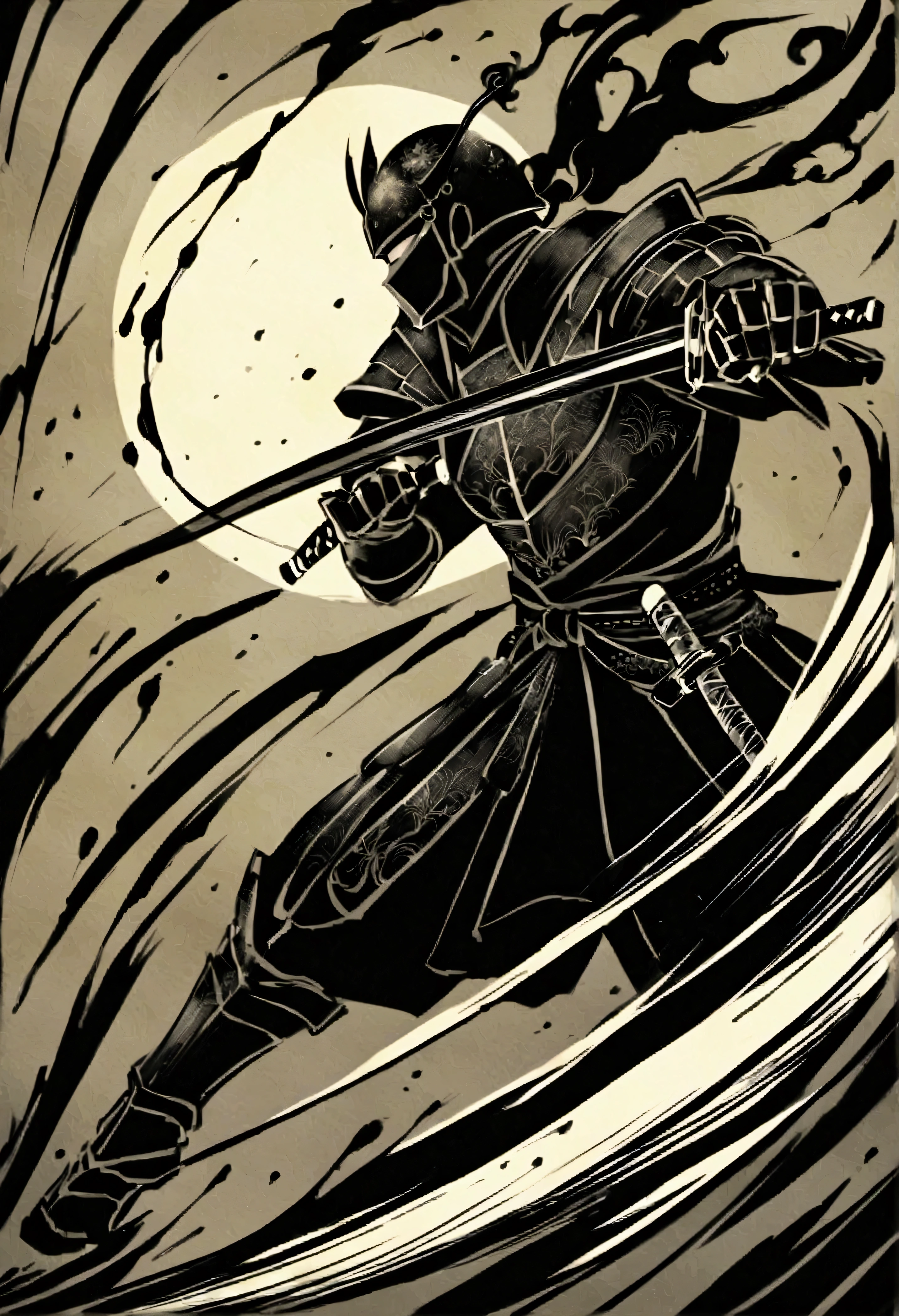 Ink painting、samurai、Draw your sword、刀⚔️🥷、armor、迫力あるInk painting、Bushido、Slashing、