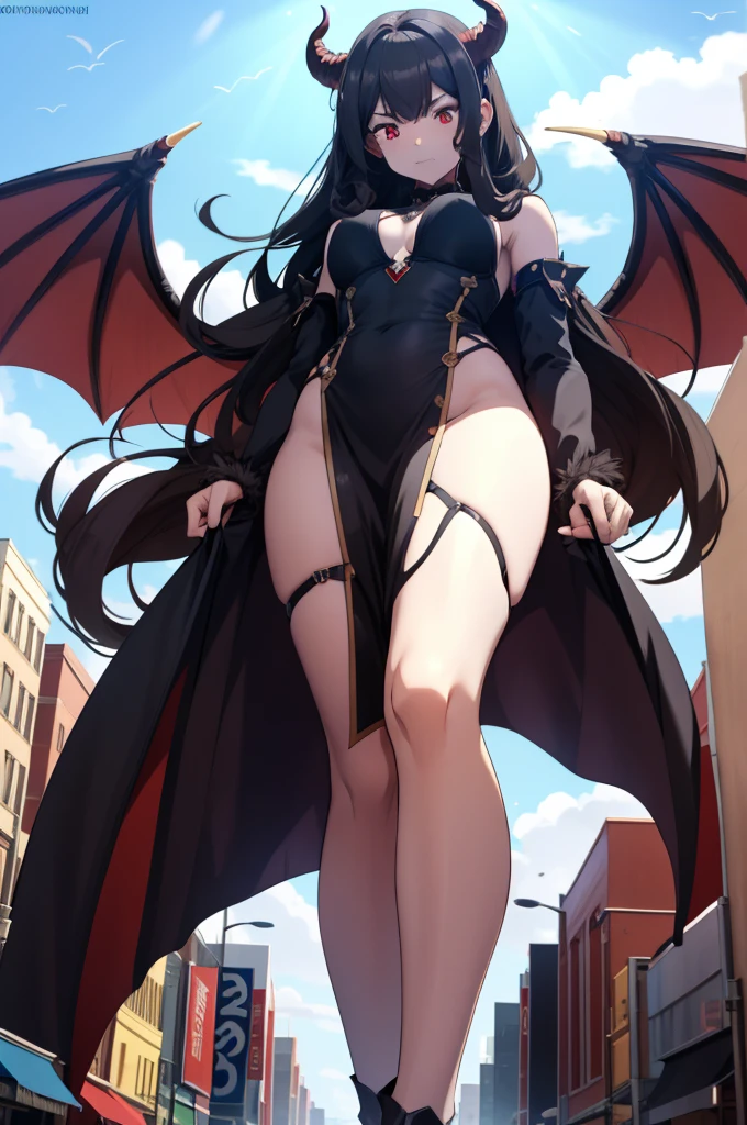 giant girl 50,0000000 feet high,, Have a pair of long legs,Possessing a pair of huge blood-red demon wings,And a pair of blood-red devil eyes,Has black waist-length hair,Loose hair,Wearing a pair of high heellack curly hair,Holding a demon sword,A look of enjoyment,Standing tall in a small town crowded with people, destroying them wantonly,It seems like an invincible existence