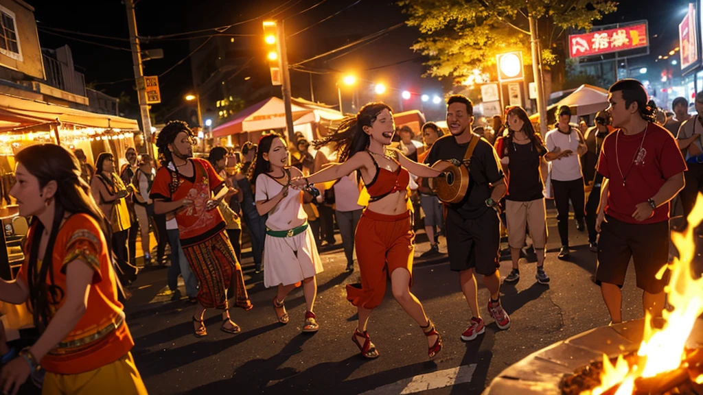 street. Juana , orange, red, Bonfire, 4K, Illuminated, streetarry Night, street. Juana Brazilian people dancing, sound, sound楽グループ, Dancing Reggae, Jamaican sound system culture style . Everyone is happy, Reggae Band, Enthusiasm,