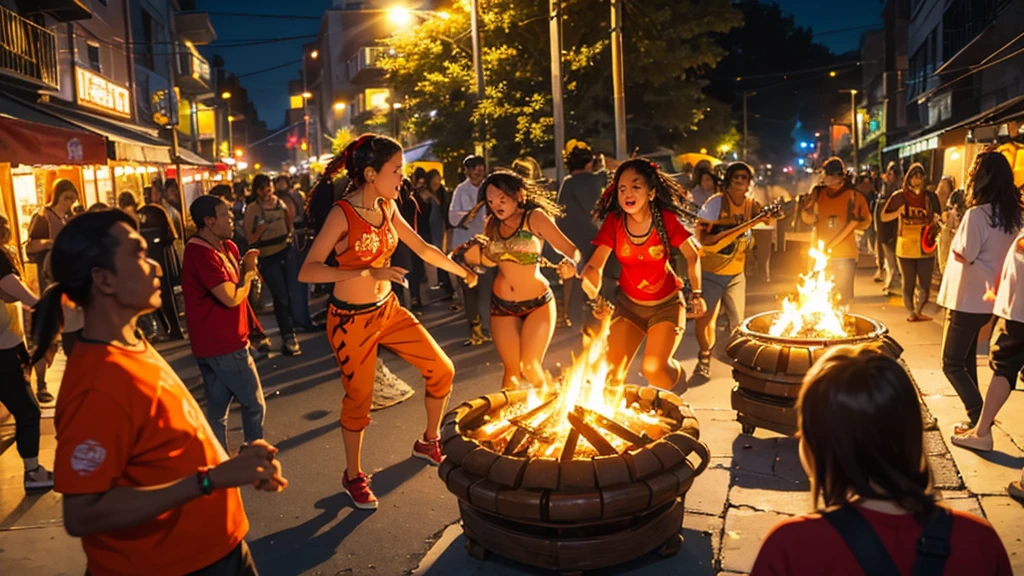 street. Juana , orange, red, Bonfire, 4K, Illuminated, streetarry Night, street. Juana Brazilian people dancing, sound, sound楽グループ, Dancing Reggae, Jamaican sound system culture style . Everyone is happy, Reggae Band, Enthusiasm,