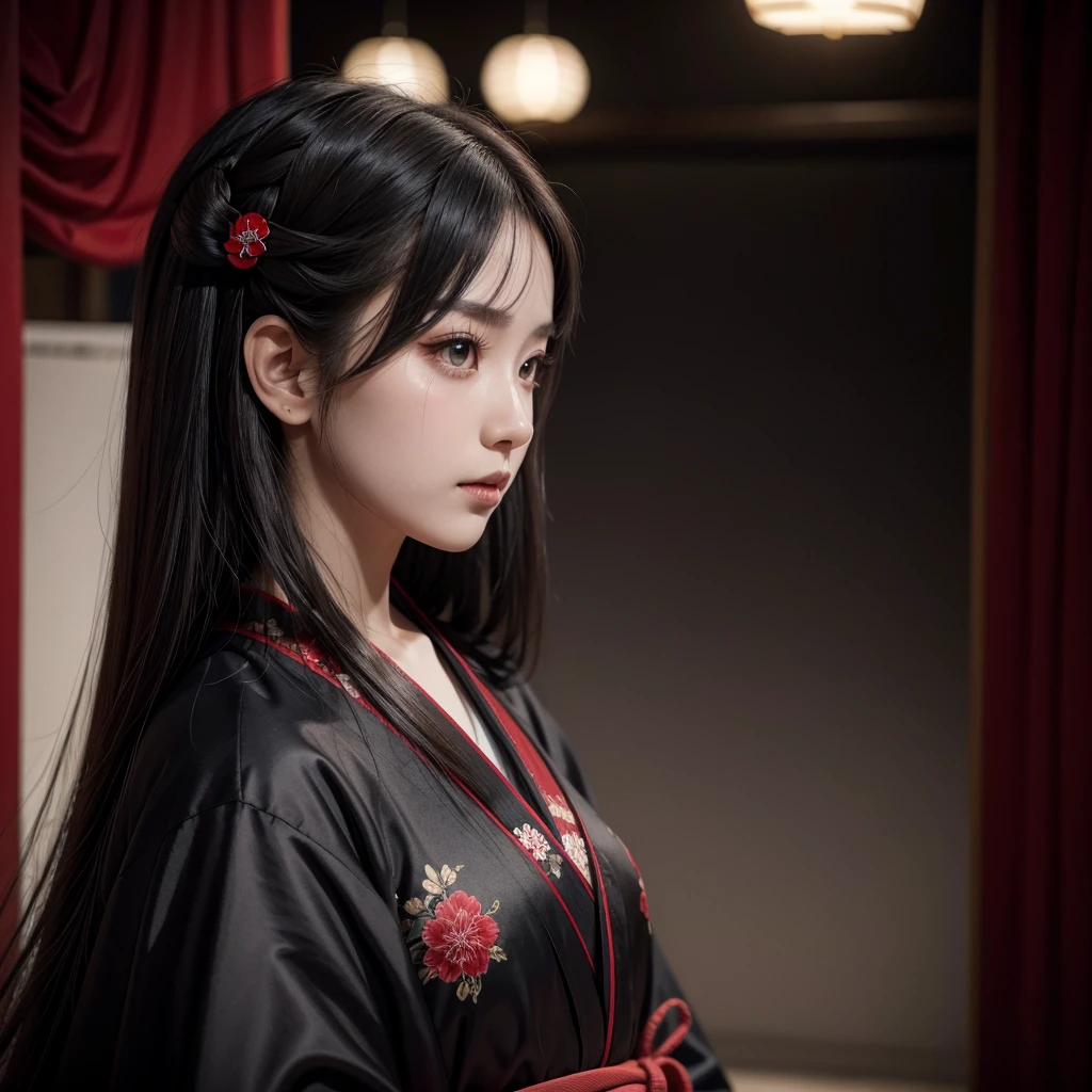 profile photo Woman with long straight dark hair with big bright red eyes, black kimono slim build