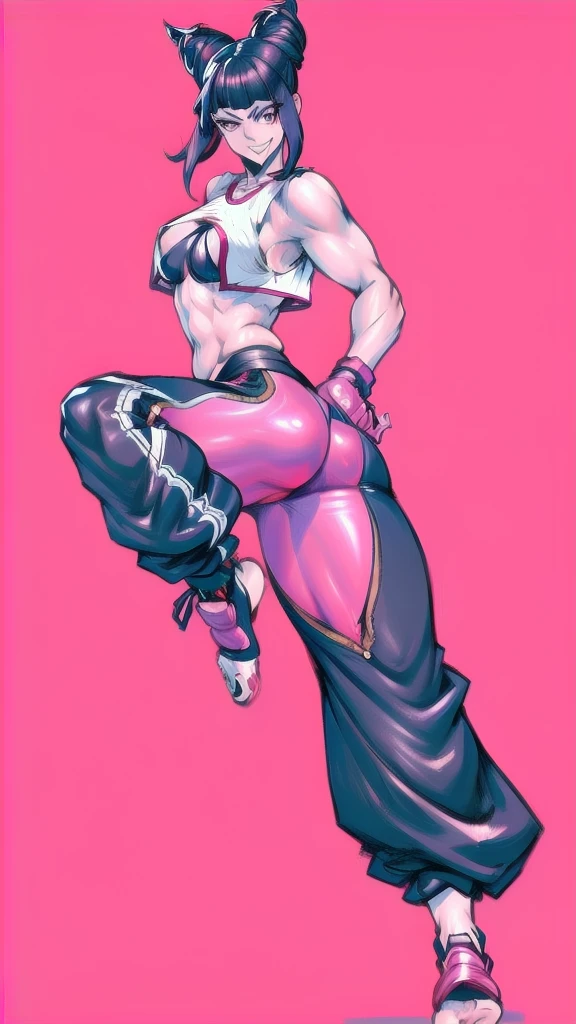 Full body image of Juri Han from Street Fighter 6, From head to toe, wearing her outfit from street fighter 6, jogger pants, female body, athletic body, dynamic pose, detailed pose, simple background, expressive face showing a mischievous grin, focus on face, line art, sketch.
