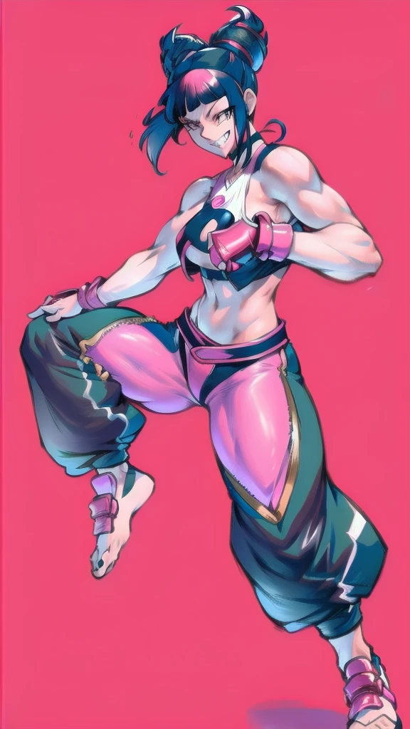 Full body image of Juri Han from Street Fighter 6, From head to toe, wearing her outfit from street fighter 6, jogger pants, female body, athletic body, dynamic pose, detailed pose, simple background, expressive face showing a mischievous grin, focus on face, line art, sketch.
