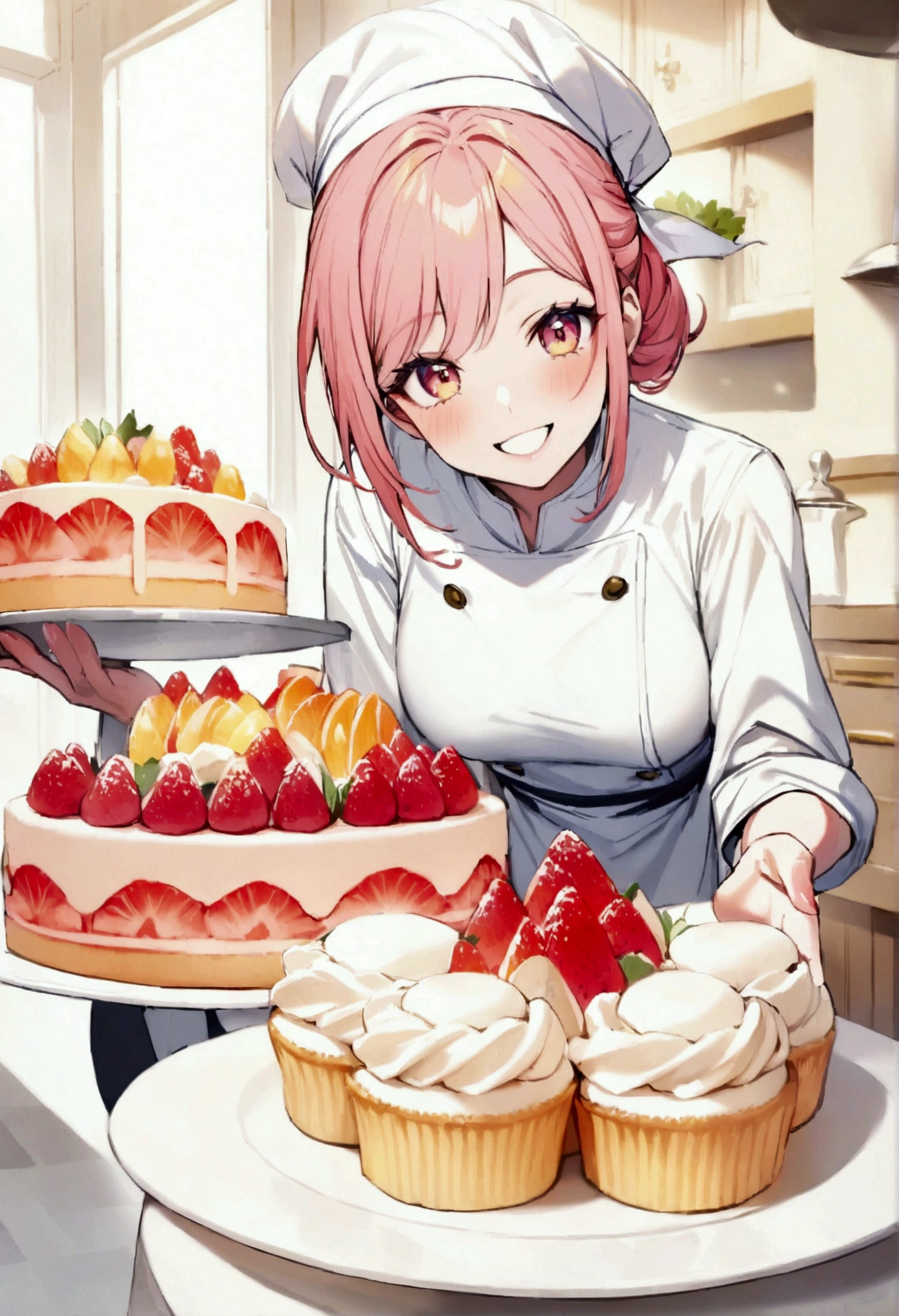 A smiling patissier selling cakes, High resolution,Highest quality,