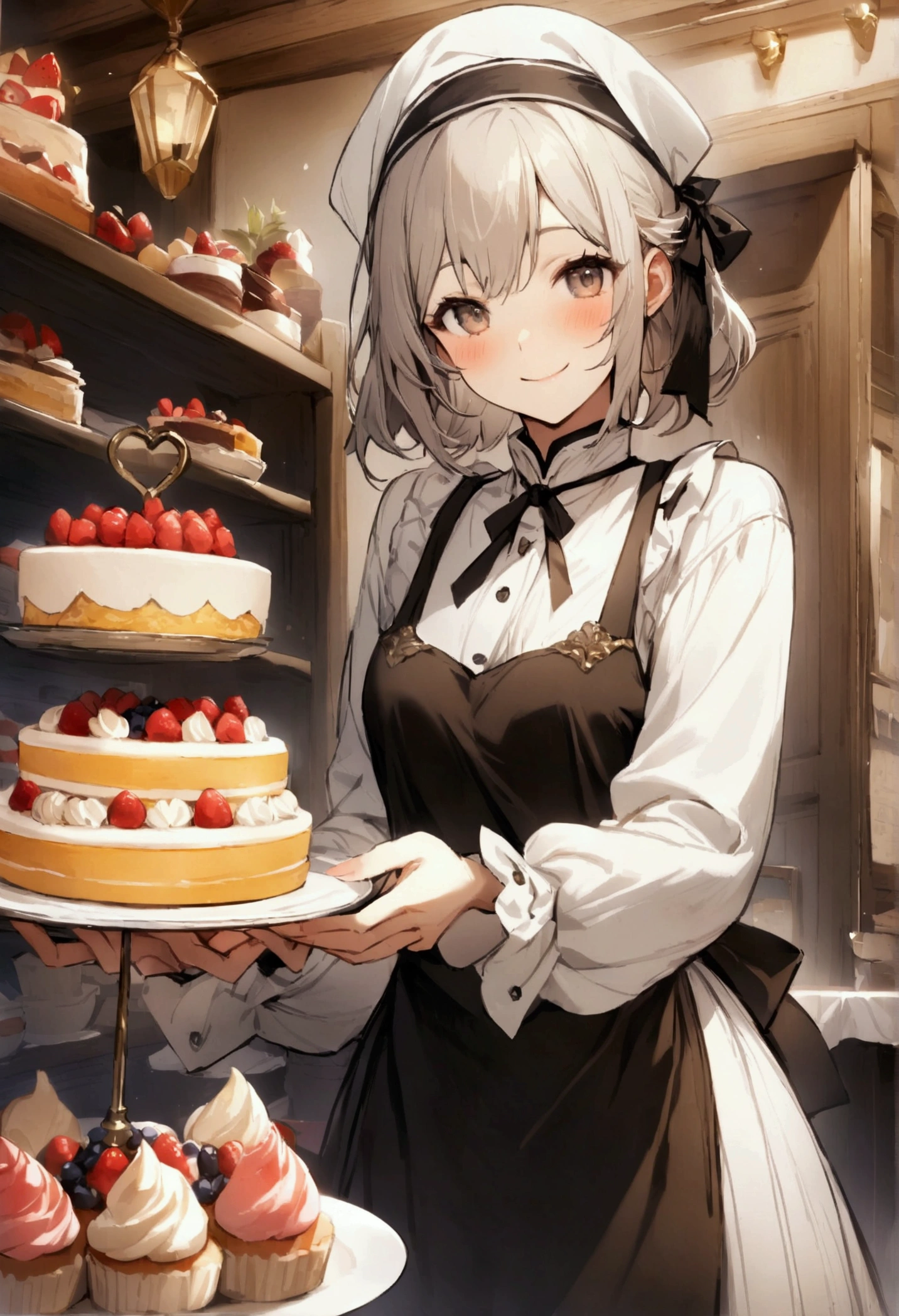 A smiling patissier selling cakes, High resolution,Highest quality,