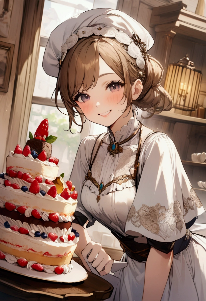 A smiling patissier selling cakes, High resolution,Highest quality,