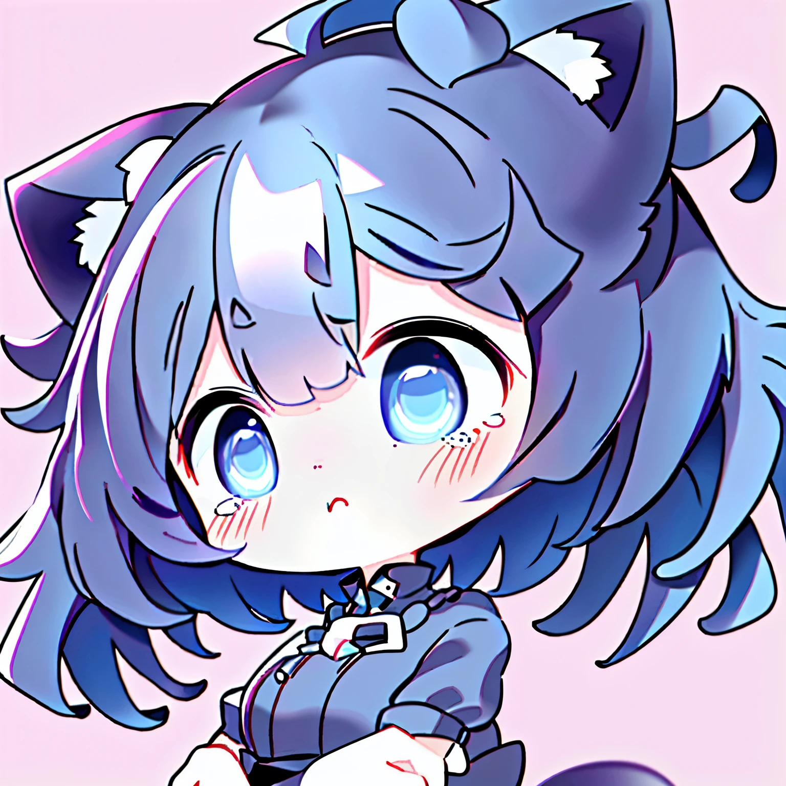 girl with、Chibi、((Best Quality, high_resolution, Distinct_image)),(Black hair), (Black cat ears), (Ahoge), (absurdly short hair), (Wavy Hair), (Blue eyes),、Crying face、mideum breasts、