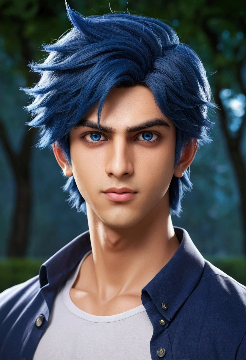 Name is Aryan . He is 23 year old boy. He's eyes Color is blue and has hair color is lightning blue He is aggressive person and enjoy her life With happiness . He is related in Indian Hindu dhram. Create image in 2d anime character