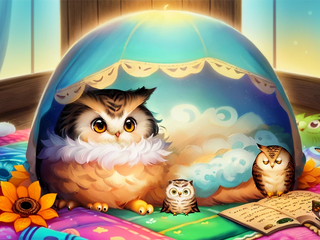 There is a cat and an owl sleeping together, cute detailed digital art, Adorable Digital Painting, Cute digital art, cute detailed artwork, cute artwork, ohwx, Dream Animal Cute Eyes, Cute illustration, dreamy illustration, Cute creatures, Cute Animals, Nice dream、Take a look., ohwx, Peaceful Animals, Dreamy art, Beeple and Jeremiah Ketner, kawaii