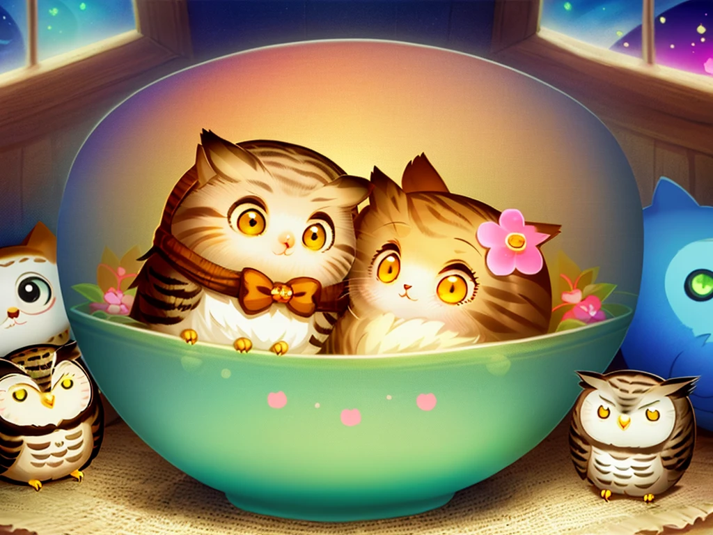 There is a cat and an owl sleeping together, cute detailed digital art, Adorable Digital Painting, Cute digital art, cute detailed artwork, cute artwork, ohwx, Dream Animal Cute Eyes, Cute illustration, dreamy illustration, Cute creatures, Cute Animals, Nice dream、Take a look., ohwx, Peaceful Animals, Dreamy art, Beeple and Jeremiah Ketner, kawaii