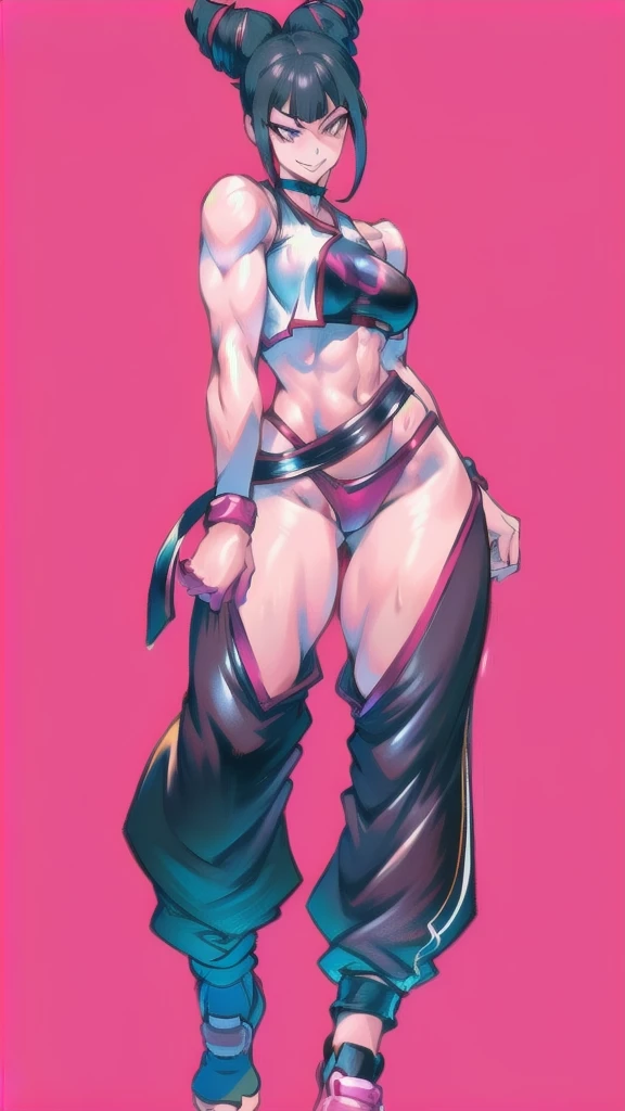 Full body image of Juri Han from Street Fighter 6, From head to toe, wearing her outfit from street fighter 6, jogger pants, female body, athletic body, dynamic pose, detailed pose, simple background, expressive face showing a mischievous grin, focus on face, line art, sketch.
