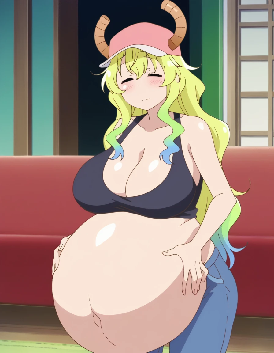 score_9, score_8_up, score_7_up, source_anime,masterpiece,best quality,highres,absurdres,official art,official style,source_anime,anime screencap,anime coloring,megami magazine,anime,animated,explicit, shiny skin,large breasts,lucoa (maidragon), multicolored hair, blonde hair, green hair, gradient hair,dragon girl, horns through headwear,baseball cap, large breasts, ((huge belly)), cleavage, tank top, closed eyes,