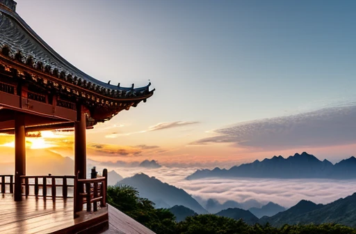 Huangshan Paiyun Pavilion,Sunset,Warm colors,Sea of Clouds,Ultra wide angle,ultra depth of field,Texture,National Geographic Award-winning work