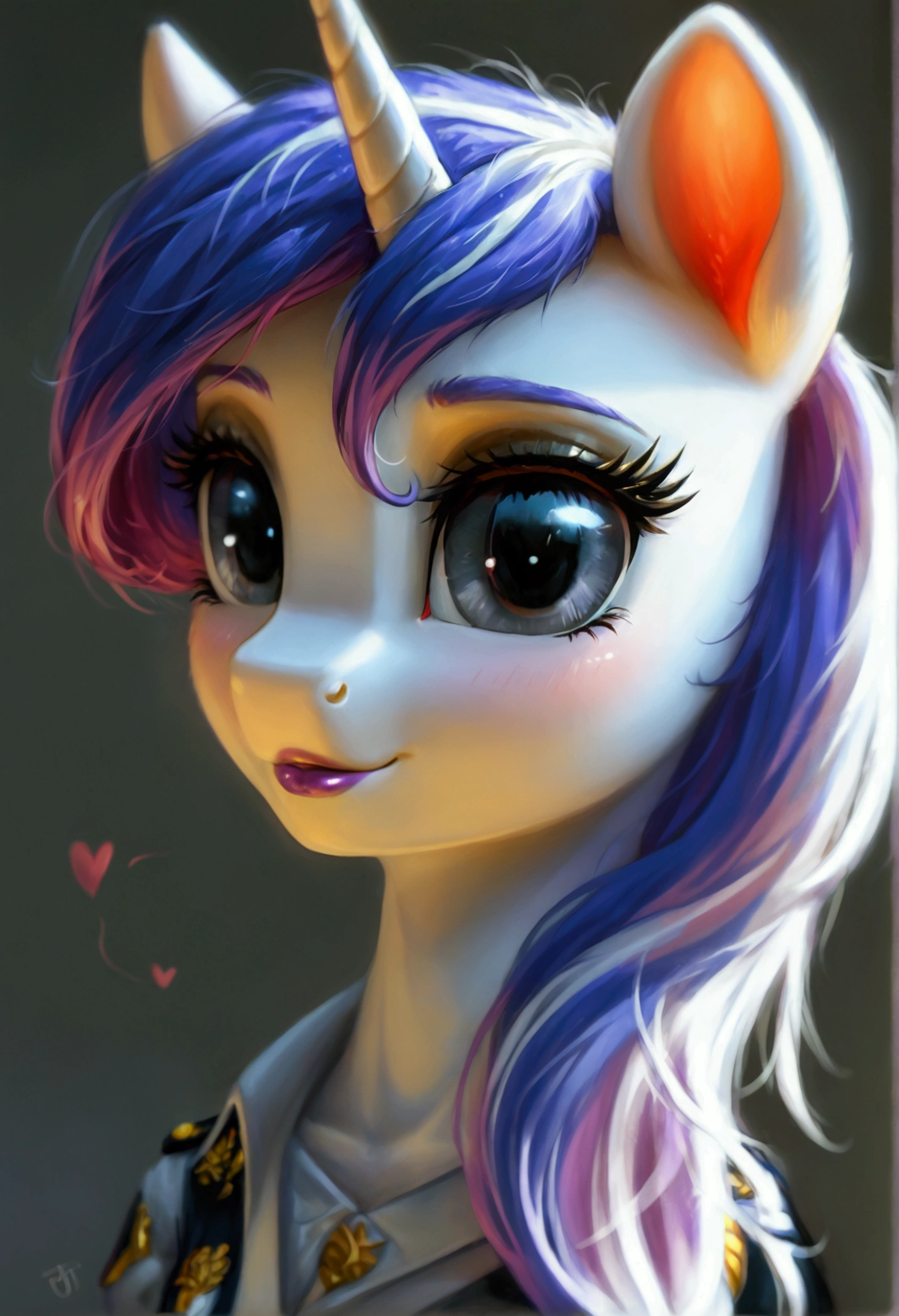 My little pony, (anthro), ((uniform)), ((two-tone hair with black on top and white underneath)), pale white body, gray eyes, medium breasts, purple lips, perfect lines, heart cutie mark, seductive pose