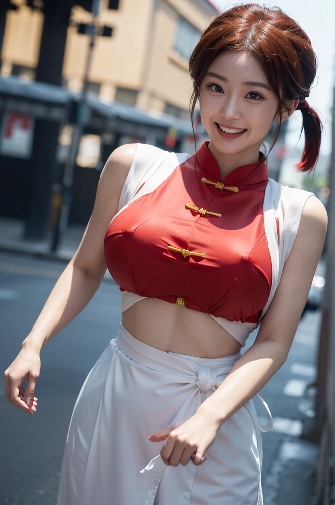 Japanese cute girl wearing red cheongsam, (wearing red cheongsam), (wearing a thin white obi around her waist), red braided ponytail hair, Ranma, in the street, Double teeth are visible, She smiles mysteriously as if enjoying the embarrassment, (((huge breasts))), (((realistic))), (((High resolution))), (((anatomically correct)))