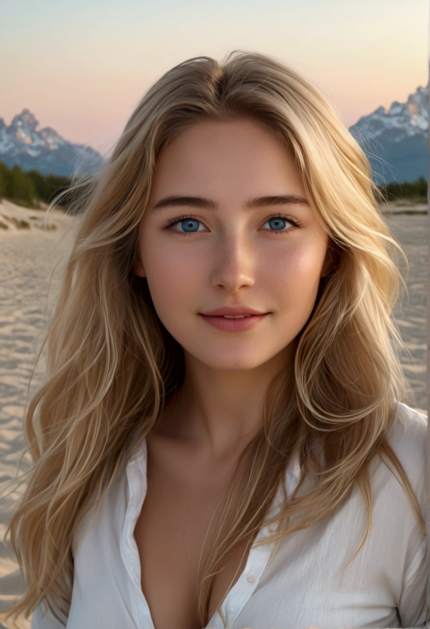 A 20-year-old girl with long blonde hair .gray expressive eyes, a mischievous sensual smile, natural breasts, on all fours), sunset and a beach with fine sand ((very realistic)) sensual ,sexy, tetons attractive natural breasts natural hips