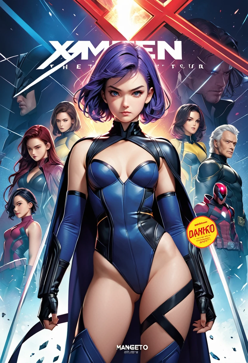 (masterpiece, best quality,ultra highres), (movie poster art,title  of "x-men"),In the center of the poster, girl is posing,(yo,(darkblue wavy-short hair),thick eyebrows,middle small breasts),(wearing "magneto" costume),