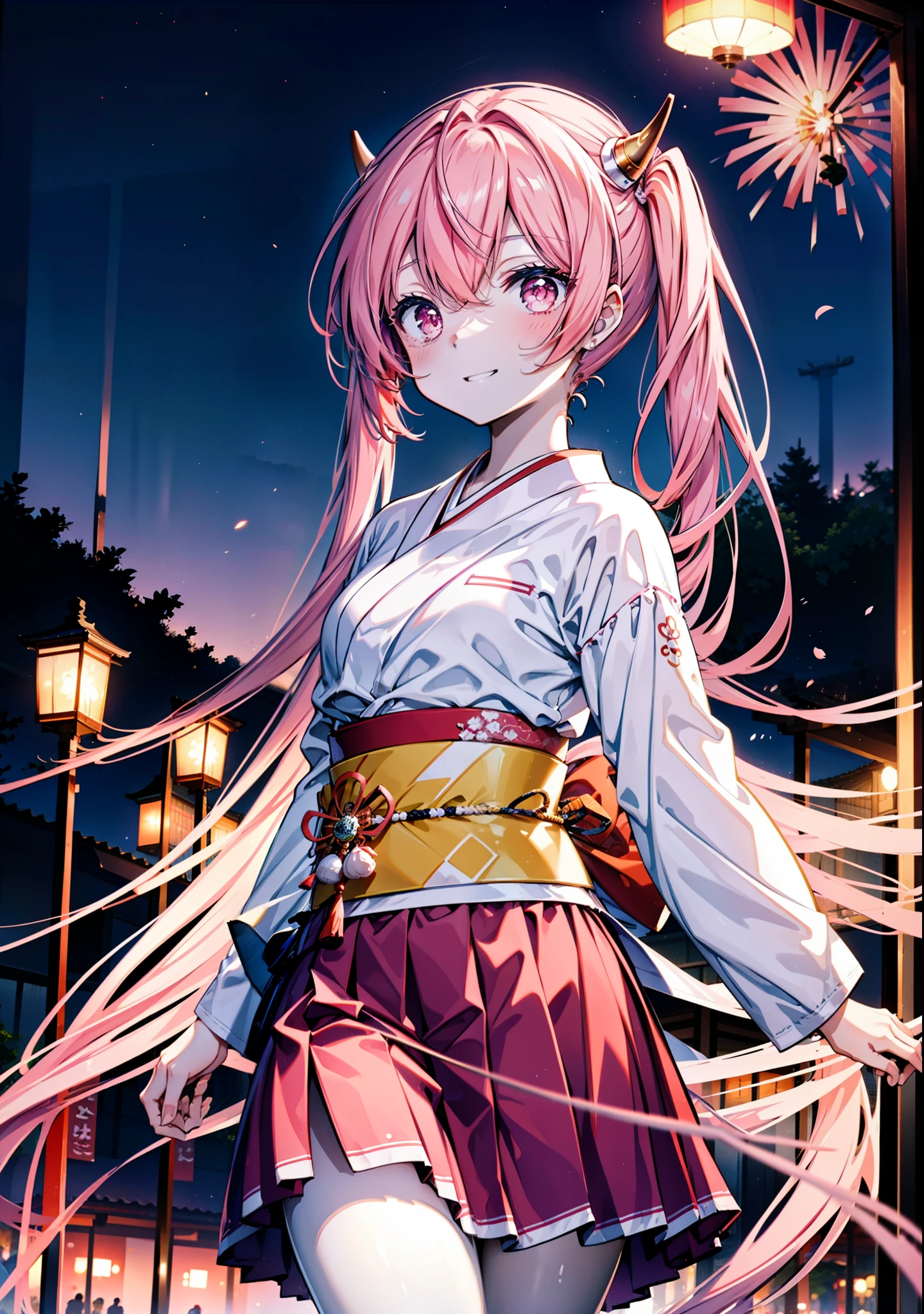 Aria h kanzaki,horn,Pink Hair,Long Hair,low Twin tails,小さいhorn,Red eyes,happy smile, smile, Open your mouth,pink kimono,Thick sleeves,Long skirt,日本のfestival,夏festivalの屋台,Red Lantern,night,night空のfirework,firework,場所はfirework大会,時間はnightです,sunny day,turn around,as if,walk, break looking at viewer, Upper Body, (Cowboy Shot:1. 5),
break outdoors, festival,shrine,
break (masterpiece:1.2), Highest quality, High resolution, unity 8k wallpaper, (shape:0.8), (Beautiful attention to detail:1.6), Highly detailed face, Perfect lighting, Highly detailed CG, (Perfect hands, Perfect Anatomy),