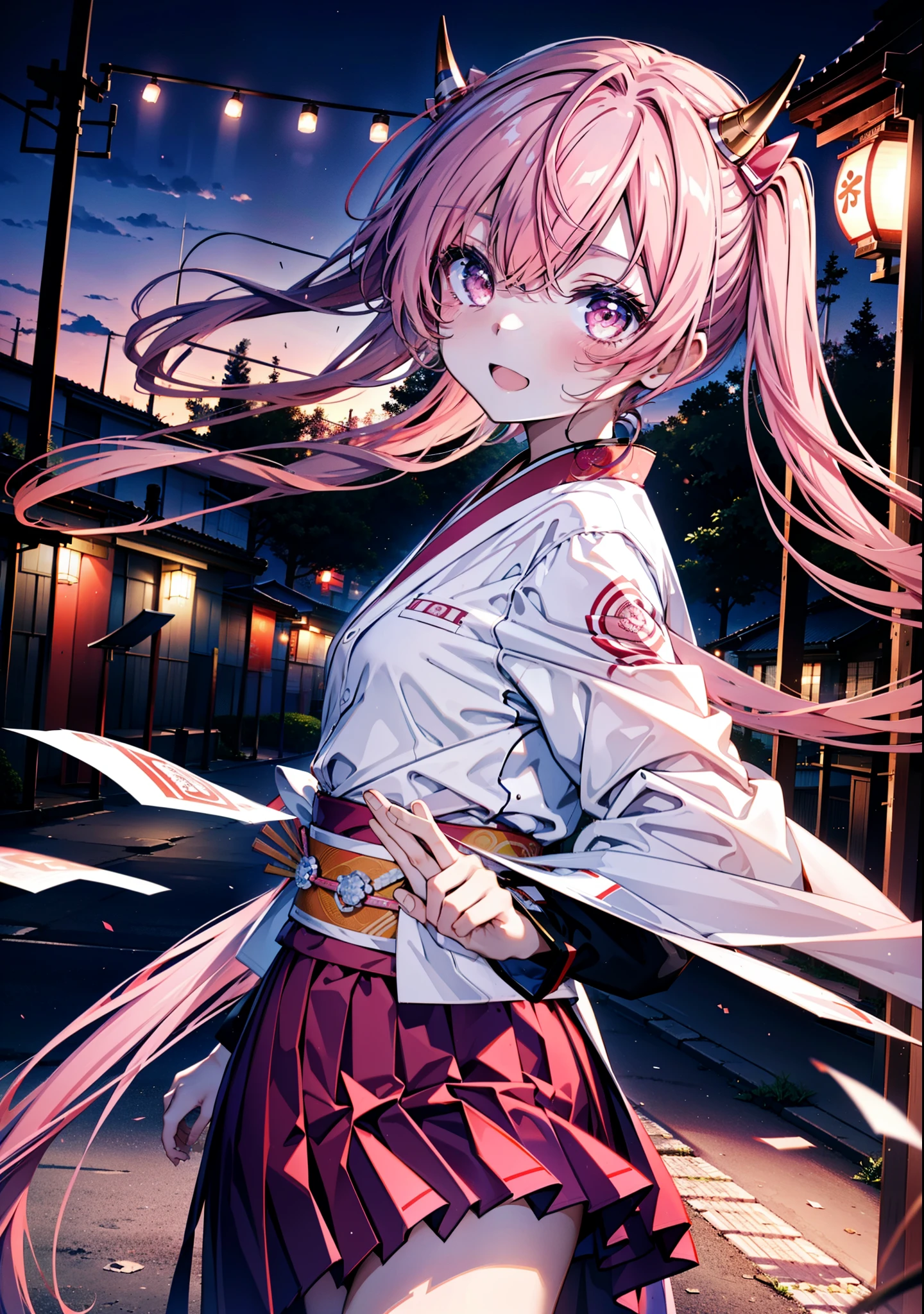 Aria h kanzaki,horn,Pink Hair,Long Hair,low 　Twin tails,小さいhorn,Red eyes,happy smile, smile, Open your mouth,pink kimono,Thick sleeves,Long skirt,日本のfestival,夏festivalの屋台,Red Lantern,night,night空のfirework,firework,場所はfirework大会,時間はnightです,sunny day,turn around,as if,walk,　　　　　　　　　　　　　　　  　　　　　break looking at viewer, Upper Body, (Cowboy Shot:1. 5),  　　　　　
break outdoors, festival,shrine,
break (masterpiece:1.2), Highest quality, High resolution, unity 8k wallpaper, (shape:0.8), (Beautiful attention to detail:1.6), Highly detailed face, Perfect lighting, Highly detailed CG, (Perfect hands, Perfect Anatomy),