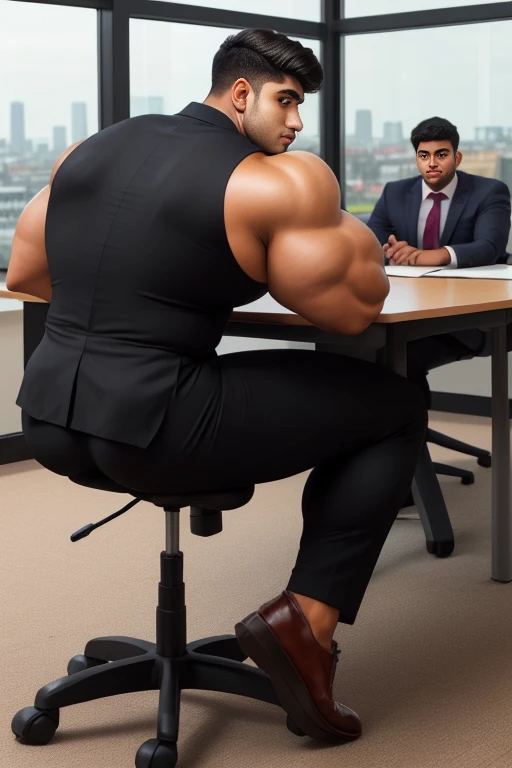 4 meter tall slightly overweight indian men. 20 years old. Childish Young hairless fresh face. In london with friend. Very sexy Posing for camera. Muscular. Wearing a tight black and office suit . Big ass. Smooth body and face. Belly seen. Long long legs. Sitting on chair. View from the back.