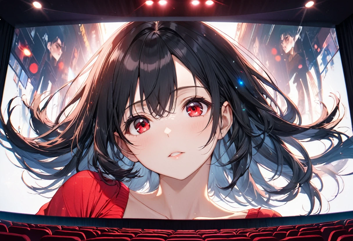 (Projection onto a cinema screen style), (solo:2, straight black hair, big tits sexy red eyes actor girl is in cinema screen), break, double exposure beautiful girl in screen, BREAK, perfect anatomy, masterpiece, best quality, 16k, beautiful detailed cinema, daydreaming expression.