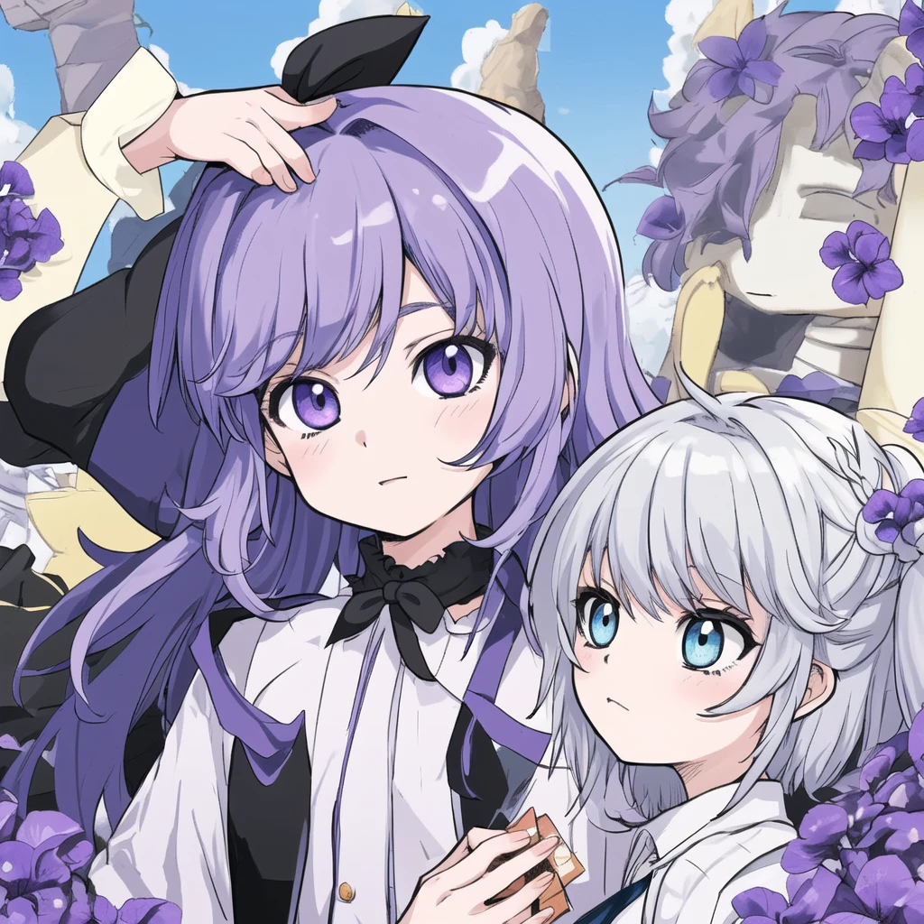 cheveux violets ciel, style à le personnage Crunchyroll, avec fond blanc 1 fille, Résolution Haute,