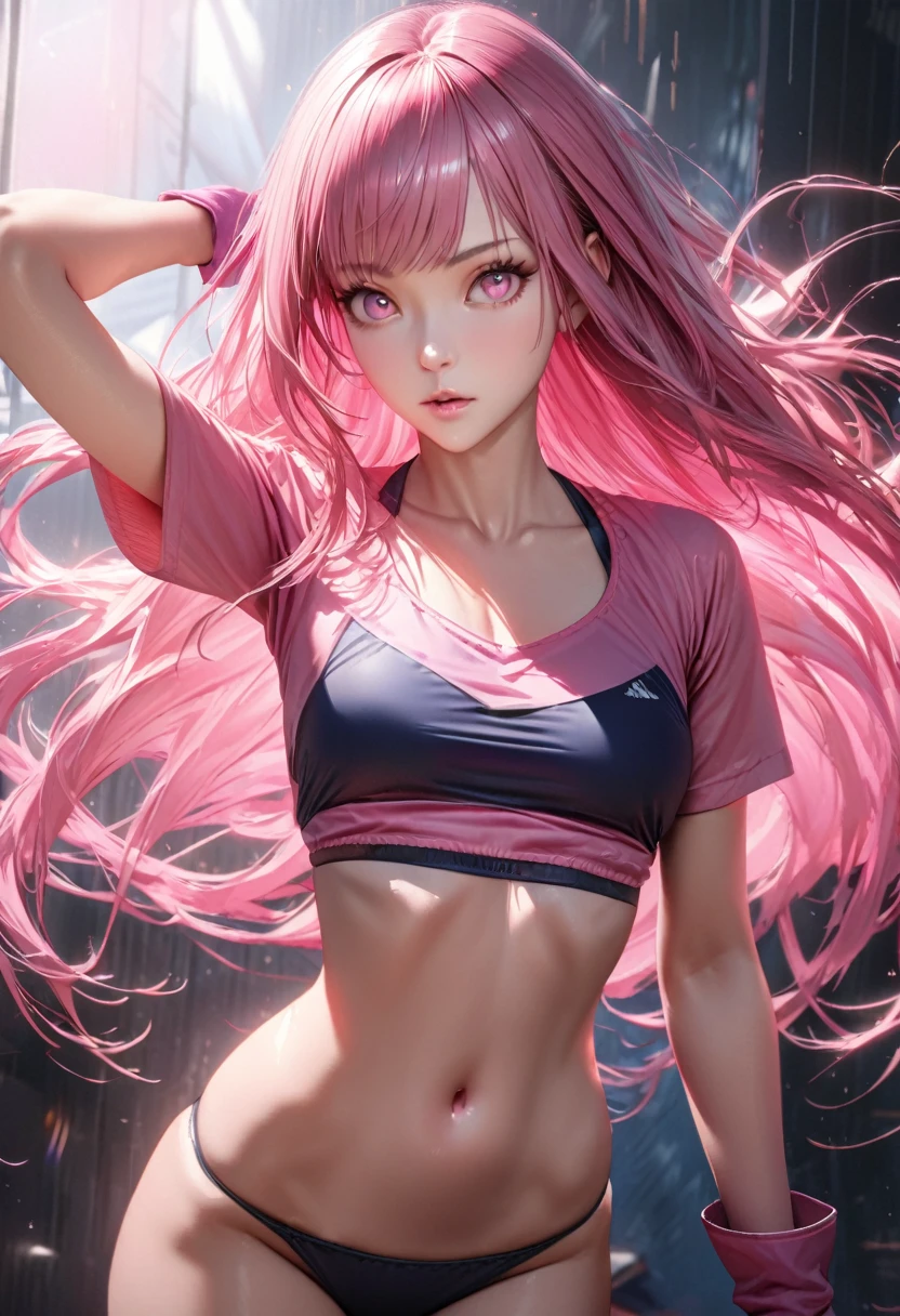 A young woman, pink hair, chest-length hair, straight hair, bangs, pink eyes and Lit up, medium height body, pink shirt (crop top, short sleeves, u-neck), expose navel, pink small gloves, dark blue hipster bikini bottoms, pink small boots, Awakening mode, UHD, ultra detailed, ultra realistic, best quality