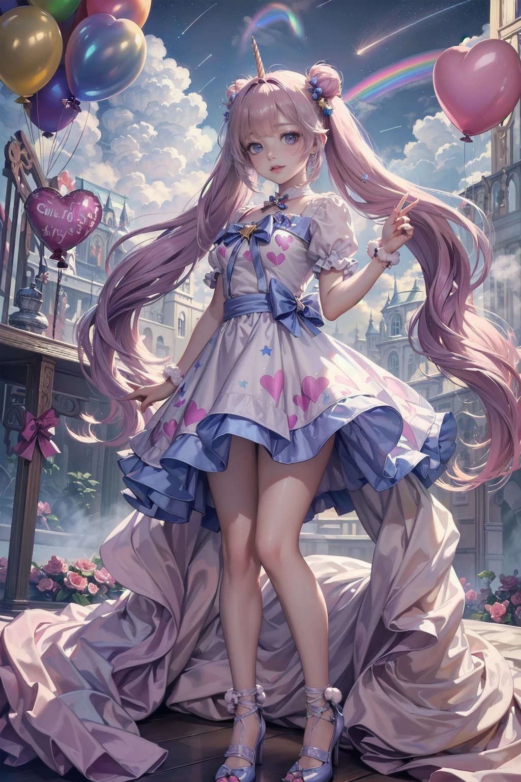 (whole body, legs and shoes visible: 1.2)) Expressive eyes, One girl, Pale skin, Long Hair, Windblown Hair, ((absurdly Long Hair)), Long Side Lock, Princess bangs, Hair bangs, Hair Bun, ((Very long twin tails)), Rainbow Hair, Light pink hair, blush, full face blush, big sparkling Pastel Purple eyes, (Gradient Eye), Laughing with your mouth open, cute pose, ((Holding a balloon : 1.3)) 
((cute and pastel fashion)) ((🦄🎠🎈🎉 theme : 1.4)) A loose pastel dress, ((Dreamy multi-colored open dress)), (Floating ribbon), Lavender Frill, Pink frills, (Light blue lace), Removable short sleeves, Fluffy skirt, ((Rainbow and star printed skirt : 1.3)), Lolita Skirt, Purple ribbon, ((pom pom ribbon hair ornament : 1.4)), Multiple Bows, Striped lace stockings, (heart型のレッグガーター), cute (Pastel Purple) shoes ((Ultra-detailed clothing and fashion)) I&#39;m watching you, Vintage Girl, blush, (Beautiful attention to detail), (Highly detailed CG Unity 8k wallpaper) (Best Shadow), ((Very delicate and beautiful)), (Detailed light), ((Depth of written boundary)) Big Head, Big, bright eyes, Moe, Splash Art, Cinema Lighting, Front view, volumetric lighting maximalist photo illustration k resolution high resolution intricate detailed complex key visuals precise linear 
((Dreamy pastel sky background, Surrounded by sunset clouds, shooting star, Castle above the clouds)) ((Ultra-detailed landscapes, Foggy clouds, Hung by balloons, heart : 1.3))