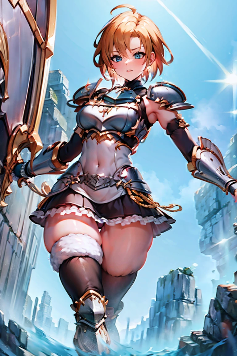 jewelry, bodysuit, fingerless gloves, knight, highleg, (((skin tight))), vambraces, arm guards, (((faulds))), greaves, 1girl,solo,　gauntlets, armored boots, breastplate, pauldrons, shoulder armor, big armors, thighhighs, dare thighs, short hair, pink hair, blue eyes, adult, adult face, fearless face, curvy, perfect proportion, perfect anatomy, perfect body, armored dress knight, plate armor knight, silver knight armor, ahoge, center loincloth, (((skirt))), black legwear, black clothes, black wear, covered arms, masterpiece, masterwork, best quality, super fine illustration, beautiful, ultra detailed beautiful face, cg unity 8k wallpaper, ultra detailed, ultra high res, round face, smile, leotard, absurdres, exquisite, by famous artist, voluptuous, official art, fair skin, gleaming skin, oil skin, shiny skin, sweat, front view, two arms, both arms, perfect arms, perfect fingers, perfect hands, flame and battlefield background, shield, outdoor, perfect eyes, even eyes, symmetrical eyes, clear eyes, ultra detailed beautiful eyes, beautiful thighs, sword, under armor, navel covered clothes, perfect legs, beautiful legs,  crop top thighs, 