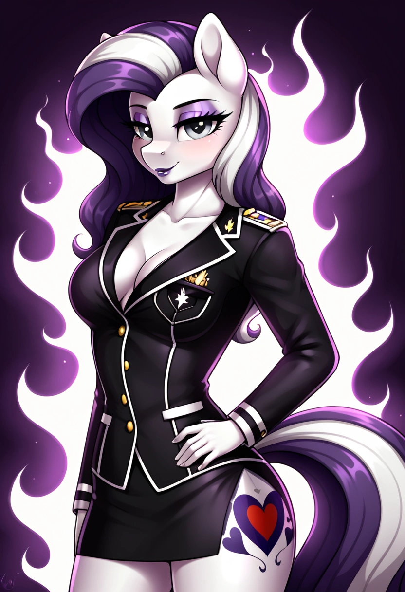 My little pony, (anthro), ((uniform)), ((two-tone hair with black on top and white underneath)), pale white body, gray eyes, medium breasts, purple lips, perfect lines, heart cutie mark, seductive pose