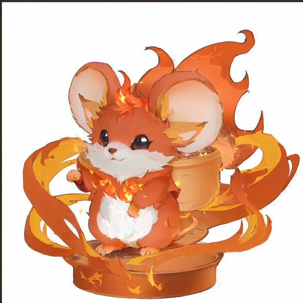 A cartoon mouse with a flaming tail sits in a pot, MapleStory Mouse, Fire Type, Blazing Hellfire, Appears as a fire goddess, Nine Tails, Red Cliff, Cute mouse Pokémon, The fox holds the torch, fox from league of legends Red Cliff, hot, Maple Story Character Art, sun wukong, Melting into Vulpix, cute Red Cliff rat wizard