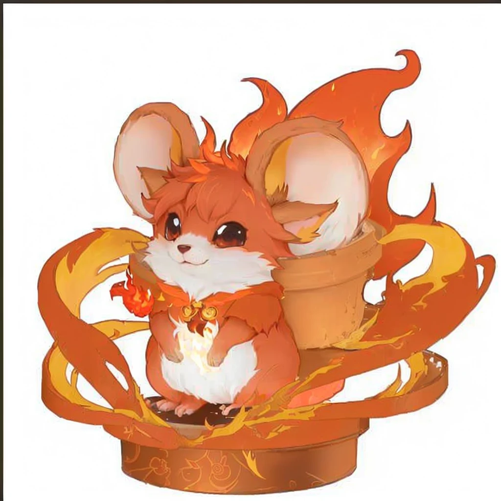 A cartoon mouse with a flaming tail sits in a pot, MapleStory Mouse, Fire Type, Blazing Hellfire, Appears as a fire goddess, Nine Tails, Red Cliff, Cute mouse Pokémon, The fox holds the torch, fox from league of legends Red Cliff, hot, Maple Story Character Art, sun wukong, Melting into Vulpix, cute Red Cliff rat wizard