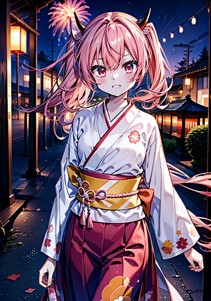 Aria h kanzaki,horn,Pink Hair,Long Hair,low 　Twin tails,小さいhorn,Red eyes,happy smile, smile, Open your mouth,pink kimono,Thick sleeves,Long skirt,日本のfestival,夏festivalの屋台,Red Lantern,night,night空のfirework,firework,場所はfirework大会,時間はnightです,sunny day,turn around,as if,walk,　　　　　　　　　　　　　　　  　　　　　break looking at viewer, Upper Body, (Cowboy Shot:1. 5),  　　　　　
break outdoors, festival,shrine,
break (masterpiece:1.2), Highest quality, High resolution, unity 8k wallpaper, (shape:0.8), (Beautiful attention to detail:1.6), Highly detailed face, Perfect lighting, Highly detailed CG, (Perfect hands, Perfect Anatomy),