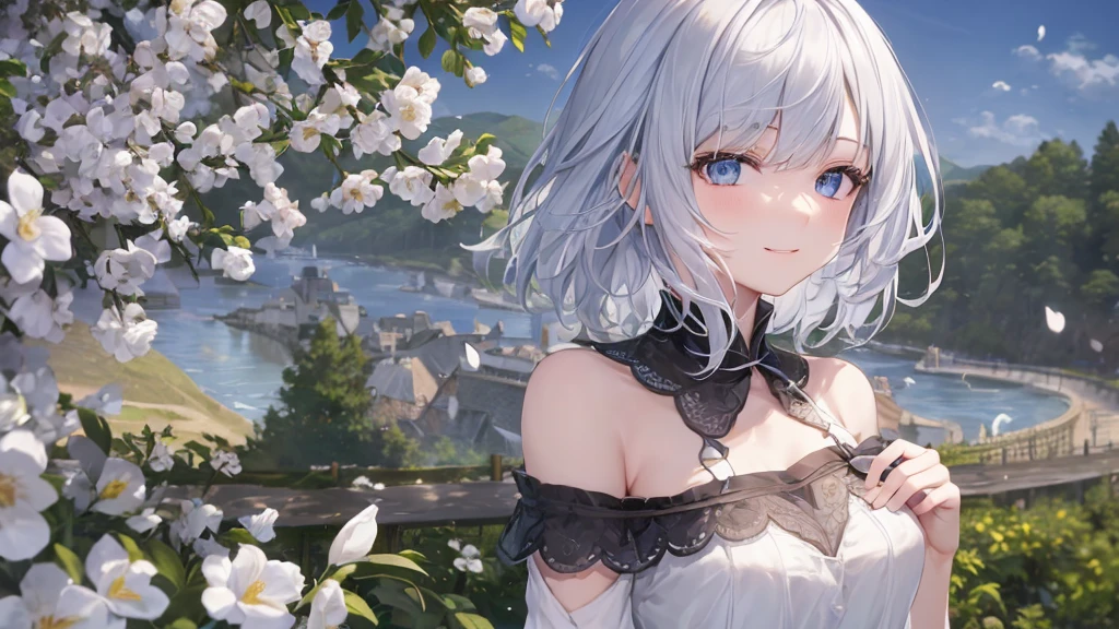 Ultra HD,Look at the viewers, Put your hands behind your back, With a girl, 20-year-old, 非常にShort Hair, Long bangs between the eyes, Pale blue eyes, Very detailed,(masterpiece、Highest quality),Gray Hair、Laughter、Fantastic, Silver Hair, Iris, Short hair、 Fluttering Hair、Small Face、明るいsmile、(Detailed face) ,Professional Lighting,Wonderful landscape,blue sky, sunlight,Looking down from above,Portraiture、Open your mouth、Flower Field、Her eyes were shining、Mysterious and enchanting atmosphere。With AI Painting、とてもShort Hair, Long bangs between the eyes, Very detailed,(masterpiece、Highest quality)、alone、Gray Hair、Fantasy, Silver Hair, Fantasyな風景、smile、Open your mouth、short hair、Short Hair、hairpin、black eye、Grey Eyes、Beautiful Eyes、Black Shirt、White hoodie