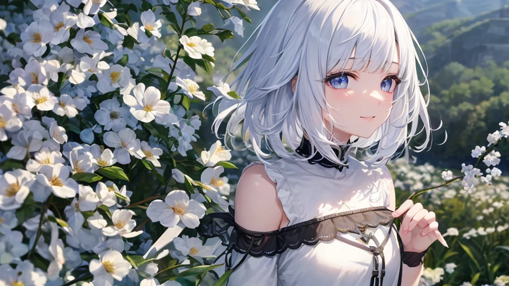 Ultra HD,Look at the viewers, Put your hands behind your back, With a girl, 20-year-old, 非常にShort Hair, Long bangs between the eyes, Pale blue eyes, Very detailed,(masterpiece、Highest quality),Gray Hair、Laughter、Fantastic, Silver Hair, Iris, Short hair、 Fluttering Hair、Small Face、明るいsmile、(Detailed face) ,Professional Lighting,Wonderful landscape,blue sky, sunlight,Looking down from above,Portraiture、Open your mouth、Flower Field、Her eyes were shining、Mysterious and enchanting atmosphere。With AI Painting、とてもShort Hair, Long bangs between the eyes, Very detailed,(masterpiece、Highest quality)、alone、Gray Hair、Fantasy, Silver Hair, Fantasyな風景、smile、Open your mouth、short hair、Short Hair、hairpin、black eye、Grey Eyes、Beautiful Eyes、Black Shirt、White hoodie
