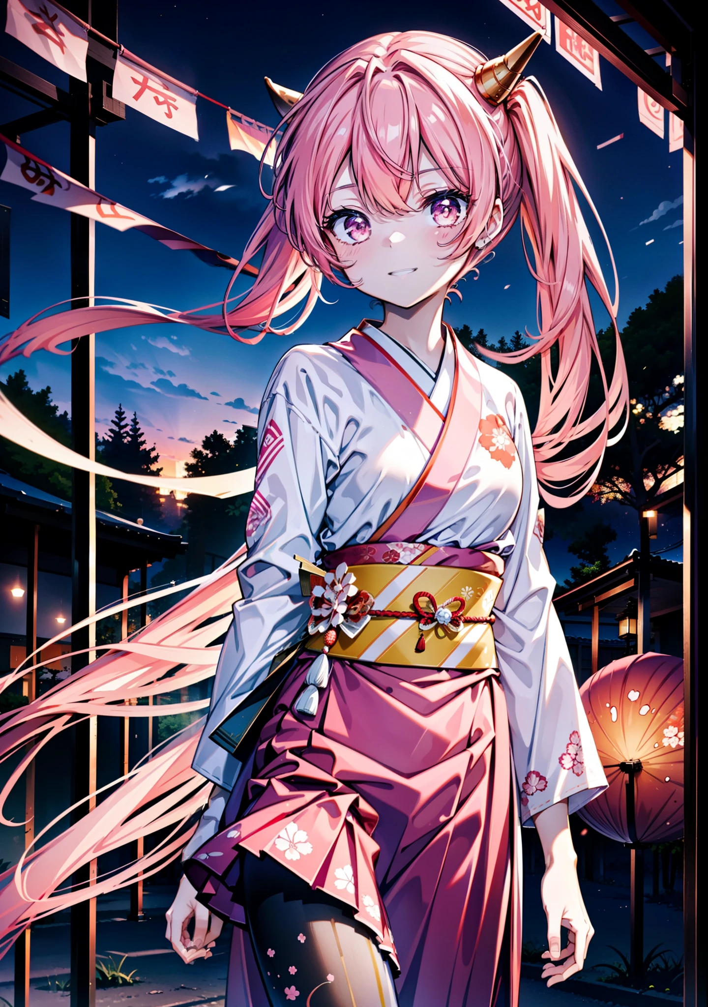 Aria h kanzaki,horn,Pink Hair,Long Hair,low 　Twin tails,小さいhorn,Red eyes,happy smile, smile, Open your mouth,pink kimono,Thick sleeves,Long skirt,日本のfestival,夏festivalの屋台,Red Lantern,night,night空のfirework,firework,場所はfirework大会,時間はnightです,sunny day,turn around,as if,walk,　　　　　　　　　　　　　　　  　　　　　break looking at viewer, Upper Body, (Cowboy Shot:1. 5),  　　　　　
break outdoors, festival,shrine,
break (masterpiece:1.2), Highest quality, High resolution, unity 8k wallpaper, (shape:0.8), (Beautiful attention to detail:1.6), Highly detailed face, Perfect lighting, Highly detailed CG, (Perfect hands, Perfect Anatomy),